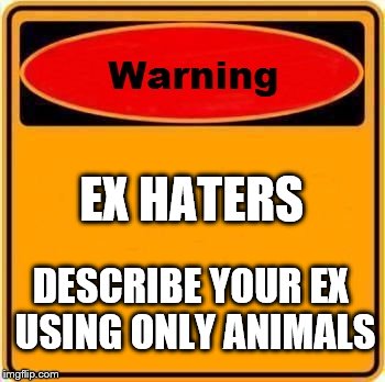 Ex Haters | EX HATERS; DESCRIBE YOUR EX USING ONLY ANIMALS | image tagged in memes,warning sign | made w/ Imgflip meme maker