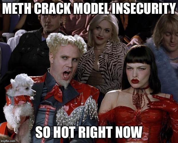 Mugatu So Hot Right Now Meme | METH CRACK MODEL INSECURITY; SO HOT RIGHT NOW | image tagged in memes,mugatu so hot right now | made w/ Imgflip meme maker