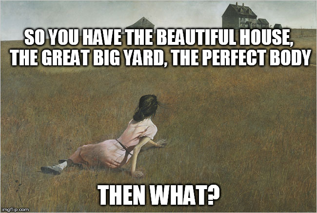 SO YOU HAVE THE BEAUTIFUL HOUSE, THE GREAT BIG YARD, THE PERFECT BODY; THEN WHAT? | image tagged in christina's world,andrew wyeth,classic art,relatable,summer dress | made w/ Imgflip meme maker