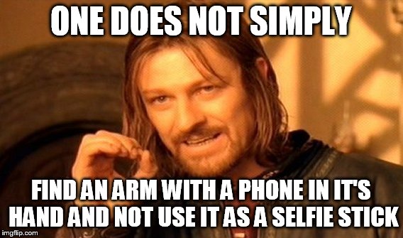 One Does Not Simply Meme | ONE DOES NOT SIMPLY FIND AN ARM WITH A PHONE IN IT'S HAND AND NOT USE IT AS A SELFIE STICK | image tagged in memes,one does not simply | made w/ Imgflip meme maker