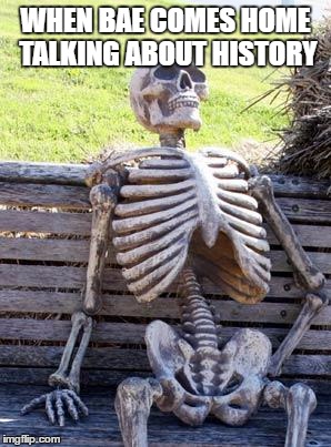 Waiting Skeleton Meme | WHEN BAE COMES HOME TALKING ABOUT HISTORY | image tagged in memes,waiting skeleton | made w/ Imgflip meme maker