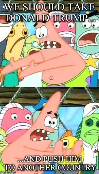 Put It Somewhere Else Patrick Meme | WE SHOULD TAKE DONALD TRUMP... ...AND PUSH HIM TO ANOTHER COUNTRY | image tagged in memes,put it somewhere else patrick | made w/ Imgflip meme maker