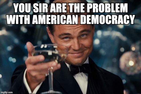 Leonardo Dicaprio Cheers Meme | YOU SIR ARE THE PROBLEM WITH AMERICAN DEMOCRACY | image tagged in memes,leonardo dicaprio cheers | made w/ Imgflip meme maker