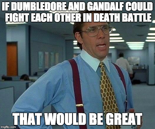 That Would Be Great | IF DUMBLEDORE AND GANDALF COULD FIGHT EACH OTHER IN DEATH BATTLE; THAT WOULD BE GREAT | image tagged in memes,that would be great | made w/ Imgflip meme maker