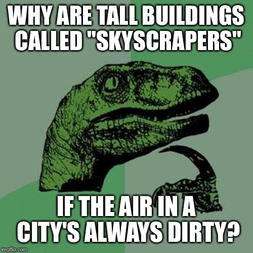 Philosoraptor | WHY ARE TALL BUILDINGS CALLED "SKYSCRAPERS"; IF THE AIR IN A CITY'S ALWAYS DIRTY? | image tagged in memes,philosoraptor | made w/ Imgflip meme maker