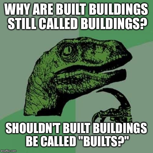 Philosoraptor Meme | WHY ARE BUILT BUILDINGS STILL CALLED BUILDINGS? SHOULDN'T BUILT BUILDINGS BE CALLED "BUILTS?" | image tagged in memes,philosoraptor | made w/ Imgflip meme maker