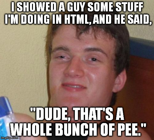 Explanation: You use <p> and </p> to start and end (respectively) paragraphs in HTML. He meant to say "P's", not "pee". | I SHOWED A GUY SOME STUFF I'M DOING IN HTML, AND HE SAID, "DUDE, THAT'S A WHOLE BUNCH OF PEE." | image tagged in memes,10 guy | made w/ Imgflip meme maker