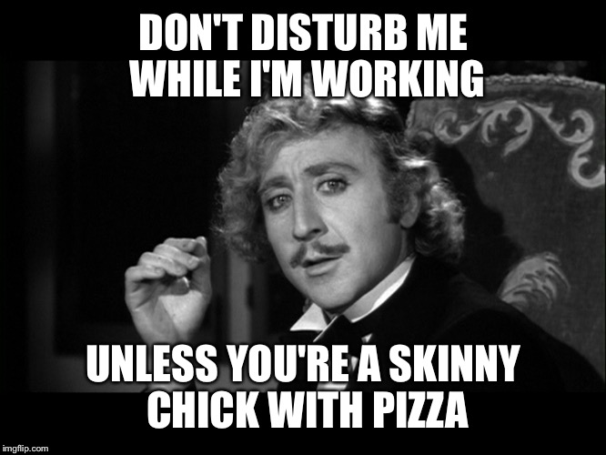 Dr. Frankenstein | DON'T DISTURB ME WHILE I'M WORKING UNLESS YOU'RE A SKINNY CHICK WITH PIZZA | image tagged in dr frankenstein | made w/ Imgflip meme maker