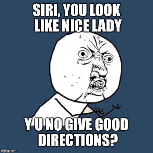 Y U No Meme | SIRI, YOU LOOK LIKE NICE LADY Y U NO GIVE GOOD DIRECTIONS? | image tagged in memes,y u no | made w/ Imgflip meme maker