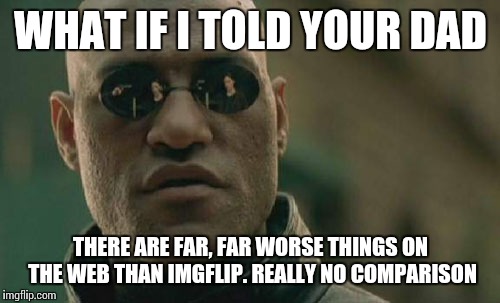 Matrix Morpheus Meme | WHAT IF I TOLD YOUR DAD THERE ARE FAR, FAR WORSE THINGS ON THE WEB THAN IMGFLIP. REALLY NO COMPARISON | image tagged in memes,matrix morpheus | made w/ Imgflip meme maker