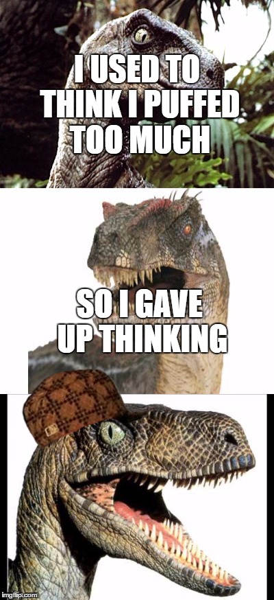 Bad Pun Velociraptor | I USED TO THINK I PUFFED TOO MUCH; SO I GAVE UP THINKING | image tagged in bad pun velociraptor,scumbag | made w/ Imgflip meme maker