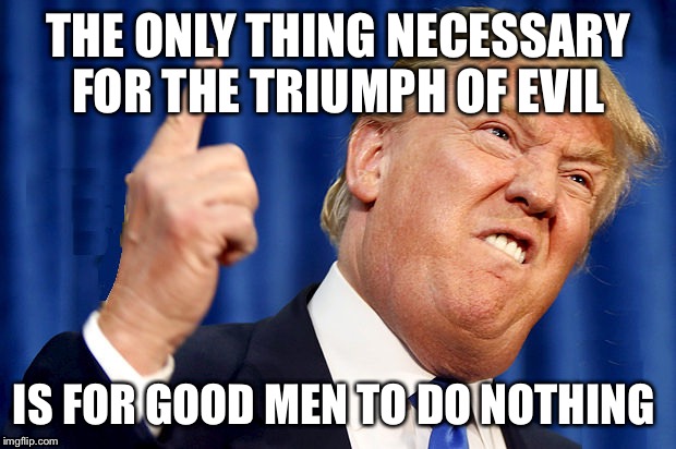 Trump evil | THE ONLY THING NECESSARY FOR THE TRIUMPH OF EVIL; IS FOR GOOD MEN TO DO NOTHING | image tagged in trump evil | made w/ Imgflip meme maker
