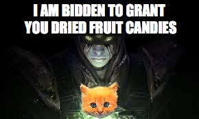 I AM BIDDEN TO GRANT YOU DRIED FRUIT CANDIES | image tagged in memes | made w/ Imgflip meme maker