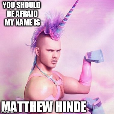 DON'T MESS WITH EL Matthew | YOU SHOULD BE AFRAID MY NAME IS; MATTHEW HINDE | image tagged in memes,unicorn man | made w/ Imgflip meme maker