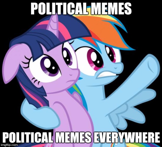oh, the horror!  | POLITICAL MEMES; POLITICAL MEMES EVERYWHERE | image tagged in rainbow dash everywhere,political meme,trump | made w/ Imgflip meme maker