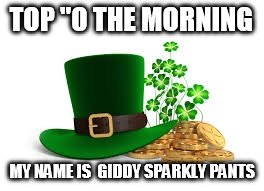 St. Patricks | TOP "O THE MORNING; MY NAME IS 
GIDDY SPARKLY PANTS | image tagged in st patricks | made w/ Imgflip meme maker