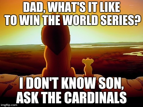 Lion King Meme | DAD, WHAT'S IT LIKE TO WIN THE WORLD SERIES? I DON'T KNOW SON, ASK THE CARDINALS | image tagged in memes,lion king | made w/ Imgflip meme maker