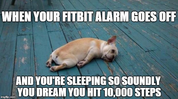 tired puppy | WHEN YOUR FITBIT ALARM GOES OFF; AND YOU'RE SLEEPING SO SOUNDLY YOU DREAM YOU HIT 10,000 STEPS | image tagged in tired puppy | made w/ Imgflip meme maker