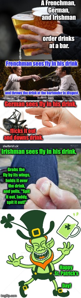 Why PETA hate the Irish | A Frenchman, German, and Irishman; order drinks at a bar. Frenchman sees fly in his drink; and throws the drink at the bartender in disgust. German sees fly in his drink, flicks it out and downs drink. Irishman sees fly in his drink, Grabs the fly by its wings, holds it over the drink, and yells, "Spit it out, laddy, spit it out!"; Happy St. Patrick's Day! | image tagged in meme,irish joke,st patrick's day | made w/ Imgflip meme maker