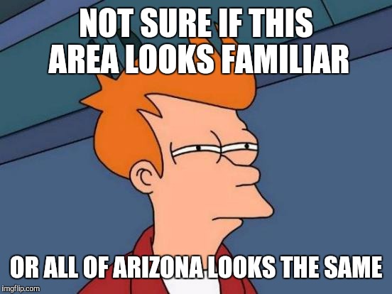 When riding as a passenger to visit family in Arizona (it's been over a year since my last visit) | NOT SURE IF THIS AREA LOOKS FAMILIAR; OR ALL OF ARIZONA LOOKS THE SAME | image tagged in memes,futurama fry | made w/ Imgflip meme maker
