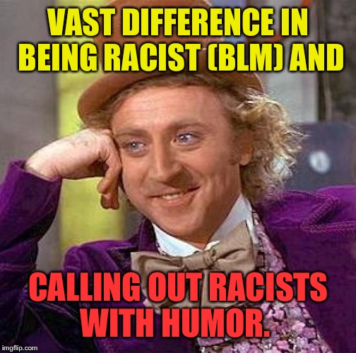 Creepy Condescending Wonka Meme | VAST DIFFERENCE IN BEING RACIST (BLM) AND CALLING OUT RACISTS WITH HUMOR. | image tagged in memes,creepy condescending wonka | made w/ Imgflip meme maker