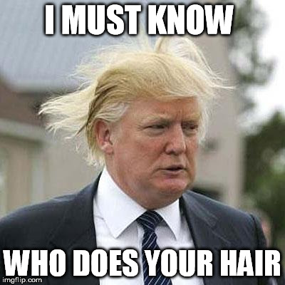 Donald Trump | I MUST KNOW; WHO DOES YOUR HAIR | image tagged in donald trump | made w/ Imgflip meme maker