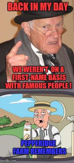 Informal is normal | BACK IN MY DAY; WE WEREN'T  ON A FIRST-NAME BASIS WITH FAMOUS PEOPLE ! PEPPERIDGE  FARM REMEMBERS | image tagged in memes,funny memes,back in my day,pepperidge farm remembers | made w/ Imgflip meme maker