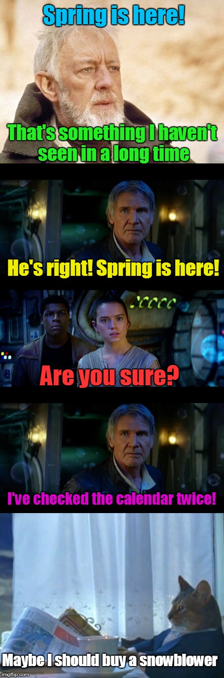 Well, you just never know... | Spring is here! That's something I haven't seen in a long time; He's right! Spring is here! Are you sure? I've checked the calendar twice! Maybe I should buy a snowblower | image tagged in springtime,winter storm,obi wan kenobi,it's true all of it han solo,i should buy a boat cat,funny memes | made w/ Imgflip meme maker