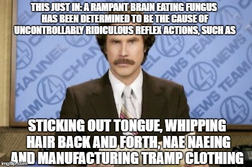 There is a fungus among us | THIS JUST IN: A RAMPANT BRAIN EATING FUNGUS HAS BEEN DETERMINED TO BE THE CAUSE OF UNCONTROLLABLY RIDICULOUS REFLEX ACTIONS, SUCH AS; STICKING OUT TONGUE, WHIPPING HAIR BACK AND FORTH, NAE NAEING AND MANUFACTURING TRAMP CLOTHING | image tagged in memes,ron burgundy | made w/ Imgflip meme maker