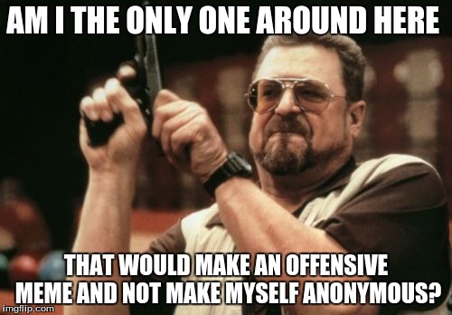 Am I The Only One Around Here | AM I THE ONLY ONE AROUND HERE; THAT WOULD MAKE AN OFFENSIVE MEME AND NOT MAKE MYSELF ANONYMOUS? | image tagged in memes,am i the only one around here | made w/ Imgflip meme maker