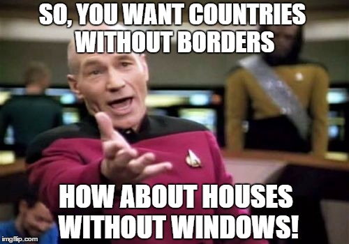 Countries HAVE borders to define them as a Country! | SO, YOU WANT COUNTRIES WITHOUT BORDERS; HOW ABOUT HOUSES WITHOUT WINDOWS! | image tagged in memes,picard wtf,liberals | made w/ Imgflip meme maker