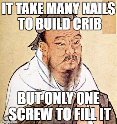 Crib Building | IT TAKE MANY NAILS TO BUILD CRIB; BUT ONLY ONE SCREW TO FILL IT | image tagged in confucious say | made w/ Imgflip meme maker