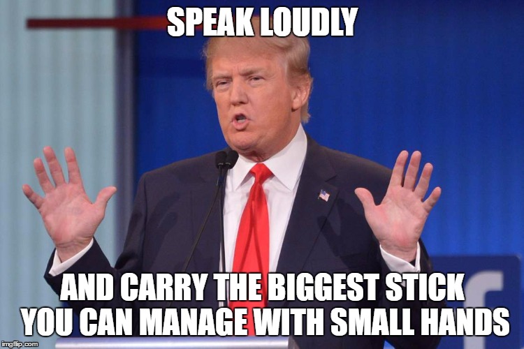 Foreign policy under President Trump: | SPEAK LOUDLY; AND CARRY THE BIGGEST STICK YOU CAN MANAGE WITH SMALL HANDS | image tagged in donald trump | made w/ Imgflip meme maker
