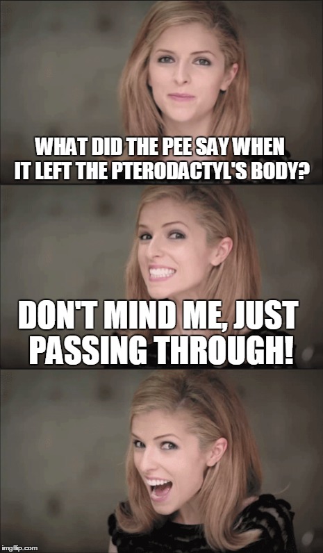 WHAT DID THE PEE SAY WHEN IT LEFT THE PTERODACTYL'S BODY? DON'T MIND ME, JUST PASSING THROUGH! | made w/ Imgflip meme maker