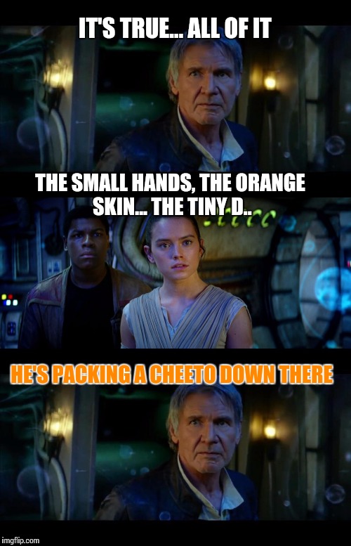 Trump's uh... "Drumpf" | IT'S TRUE... ALL OF IT; THE SMALL HANDS, THE ORANGE SKIN... THE TINY D.. HE'S PACKING A CHEETO DOWN THERE | image tagged in memes,it's true all of it han solo | made w/ Imgflip meme maker