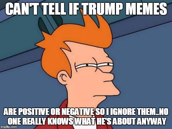 Futurama Fry | CAN'T TELL IF TRUMP MEMES; ARE POSITIVE OR NEGATIVE SO I IGNORE THEM..NO ONE REALLY KNOWS WHAT HE'S ABOUT ANYWAY | image tagged in memes,futurama fry | made w/ Imgflip meme maker