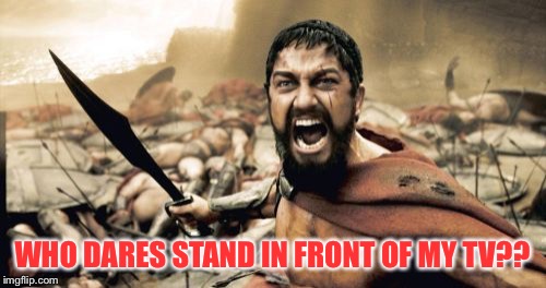 Sparta Leonidas Meme | WHO DARES STAND IN FRONT OF MY TV?? | image tagged in memes,sparta leonidas | made w/ Imgflip meme maker