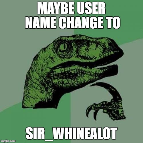 Philosoraptor Meme | MAYBE USER NAME CHANGE TO SIR_WHINEALOT | image tagged in memes,philosoraptor | made w/ Imgflip meme maker