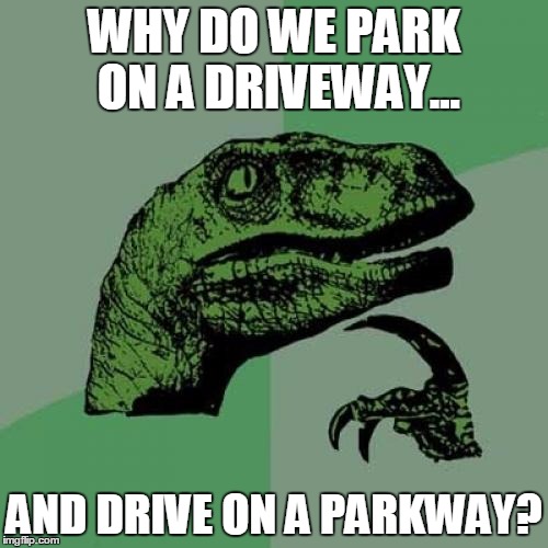 Philosoraptor | WHY DO WE PARK ON A DRIVEWAY... AND DRIVE ON A PARKWAY? | image tagged in memes,philosoraptor | made w/ Imgflip meme maker