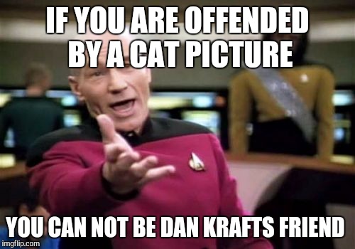 Picard Wtf | IF YOU ARE OFFENDED BY A CAT PICTURE; YOU CAN NOT BE DAN KRAFTS FRIEND | image tagged in memes,picard wtf | made w/ Imgflip meme maker