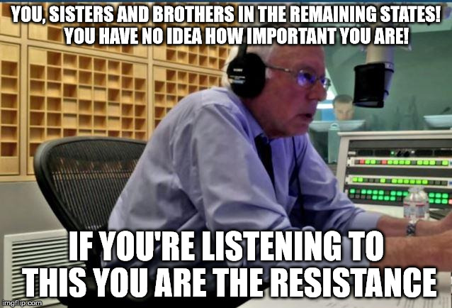 YOU, SISTERS AND BROTHERS IN THE REMAINING STATES!       YOU HAVE NO IDEA HOW IMPORTANT YOU ARE! IF YOU'RE LISTENING TO THIS YOU ARE THE RESISTANCE | image tagged in bernie sanders,resistance | made w/ Imgflip meme maker
