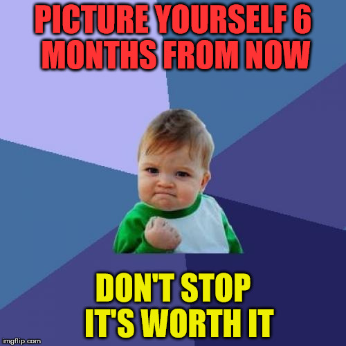 Success Kid Meme | PICTURE YOURSELF
6 MONTHS FROM NOW; DON'T STOP 
IT'S WORTH IT | image tagged in memes,success kid | made w/ Imgflip meme maker