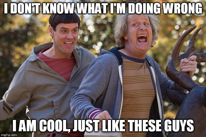 I DON'T KNOW WHAT I'M DOING WRONG I AM COOL, JUST LIKE THESE GUYS | made w/ Imgflip meme maker