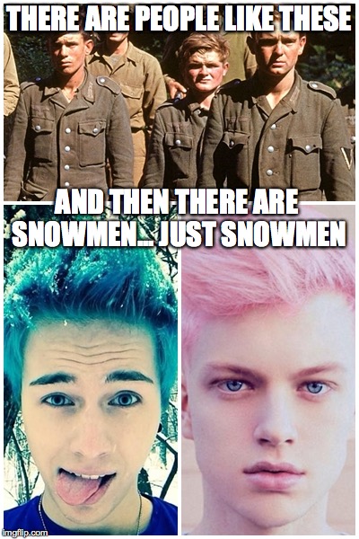seems like i wanna be a snowman... so sue me | THERE ARE PEOPLE LIKE THESE; AND THEN THERE ARE SNOWMEN... JUST SNOWMEN | image tagged in difference between men,snowman,wtf,wwii to 2016,memes,funny | made w/ Imgflip meme maker
