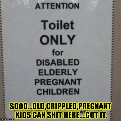 wtf kinda kids come here | SOOO...OLD,CRIPPLED,PREGNANT KIDS CAN SHIT HERE....GOT IT. | image tagged in funny,signs/billboards,memes,toilet humor | made w/ Imgflip meme maker
