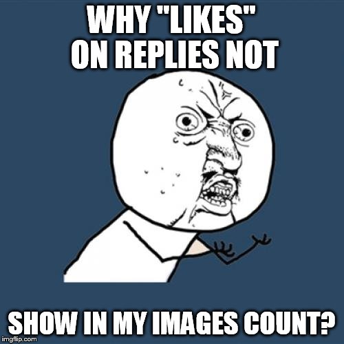 Y U No | WHY "LIKES" ON REPLIES NOT; SHOW IN MY IMAGES COUNT? | image tagged in memes,y u no | made w/ Imgflip meme maker