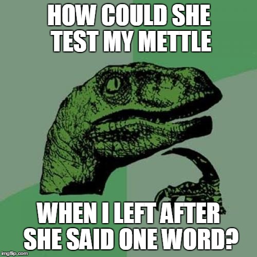 Philosoraptor Meme | HOW COULD SHE TEST MY METTLE WHEN I LEFT AFTER SHE SAID ONE WORD? | image tagged in memes,philosoraptor | made w/ Imgflip meme maker