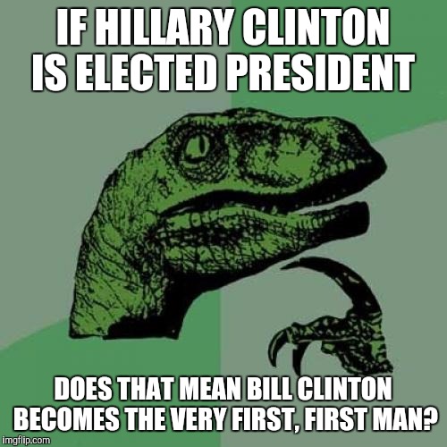 Philosoraptor | IF HILLARY CLINTON IS ELECTED PRESIDENT; DOES THAT MEAN BILL CLINTON BECOMES THE VERY FIRST, FIRST MAN? | image tagged in memes,philosoraptor | made w/ Imgflip meme maker