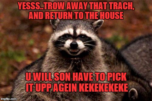 Evil Plotting Raccoon Meme | YESSS..TROW AWAY THAT TRACH, AND RETURN TO THE HOUSE; U WILL SON HAVE TO PICK IT UPP AGEIN KEKEKEKEKE | image tagged in memes,evil plotting raccoon | made w/ Imgflip meme maker