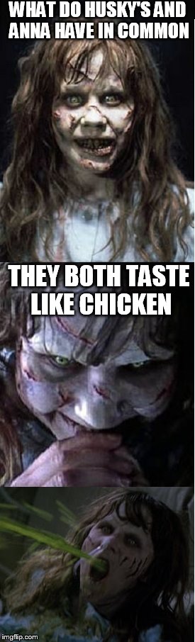 Bad Puke Regan | WHAT DO HUSKY'S AND ANNA HAVE IN COMMON THEY BOTH TASTE LIKE CHICKEN | image tagged in bad puke regan | made w/ Imgflip meme maker